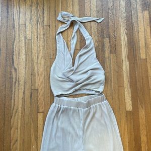 Ribbed Champagne Pants Set with Matching Cowl Neck Halter Top, Size Small